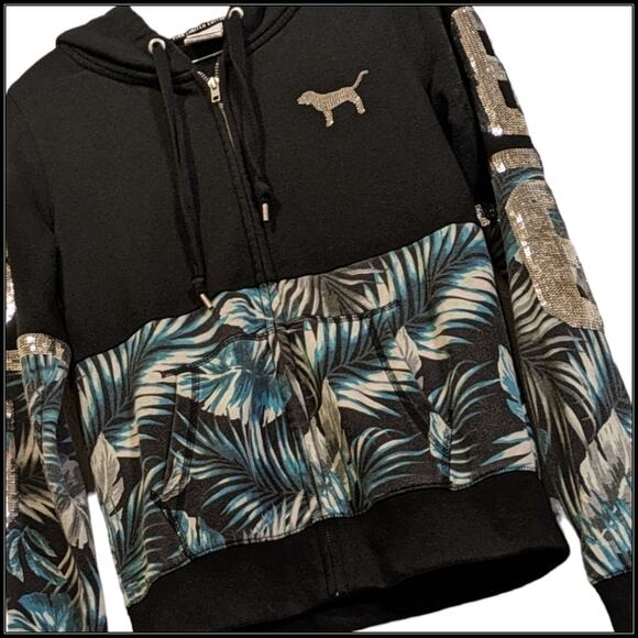 HTF Tropical VS PINK Zip Up Bling Hoodie Silver Sequins Spell PINK 86 + Dog Logo - Picture 7 of 12